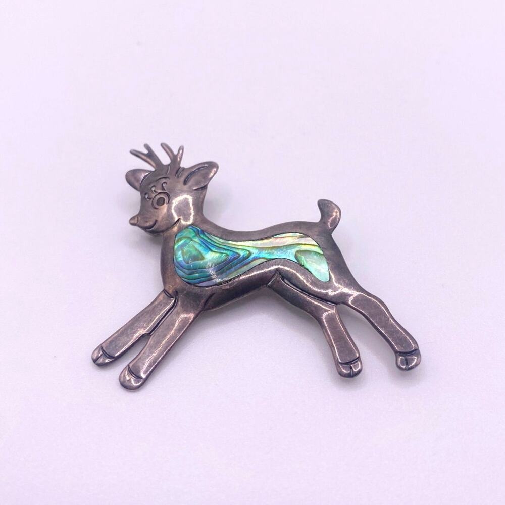 VTG Sterling Silver Taxco Reindeer Brooch Pin with Abalone Inlaid signed JB